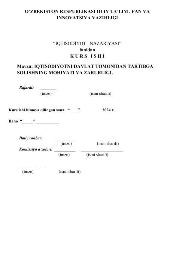 IQTISODIYOTNI DAVLAT TOMONIDAN TARTIBGA SOLISHNING MOHIYATI VA ZARURLIGI