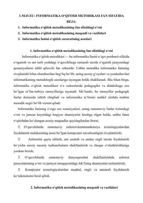 INFORMATIKA O‘QITISH METODIKASI FAN SIFATIDA