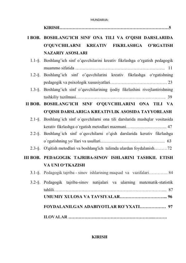 BOSHLANG’ICH SINF O’QUVCHILARINI ONA TILI VA O’QISH DARSLARIGA KREATIV YONDASHUV ASOSIDA TAYYORLASH
