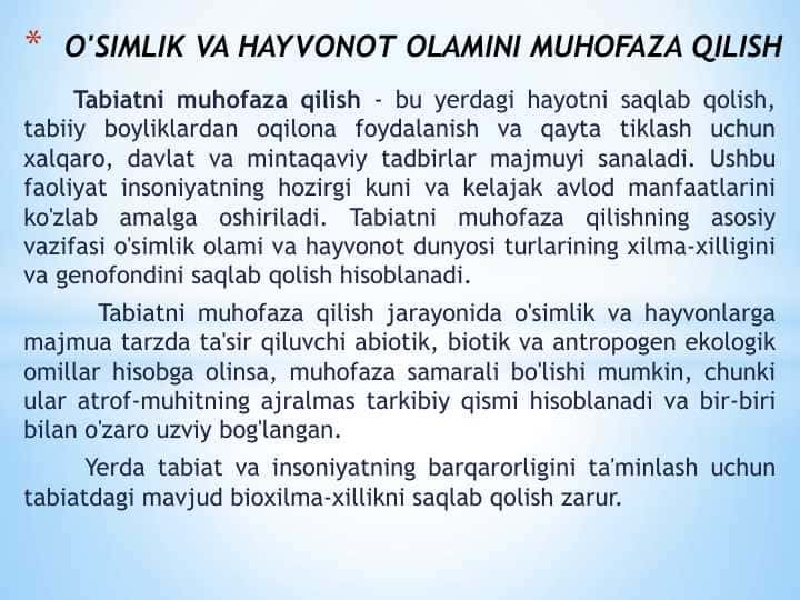 O'SIMLIK VA HAYVONOT OLAMINI MUHOFAZA QILISH