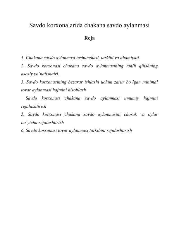 Savdo korxonalarida chakana savdo aylanmasi