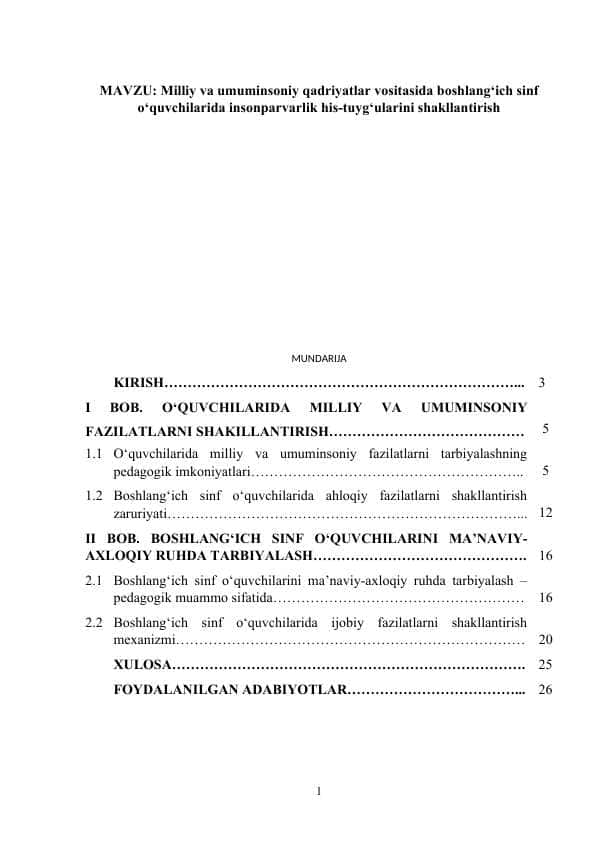 Milliy va umuminsoniy qadriyatlar vositasida boshlang‘ich sinf o‘quvchilarida insonparvarlik his-tuyg‘ularini shakllantirish