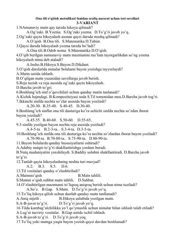 Ona tili oʻqitish metodikasi fanidan oraliq nazorat uchun test savollari