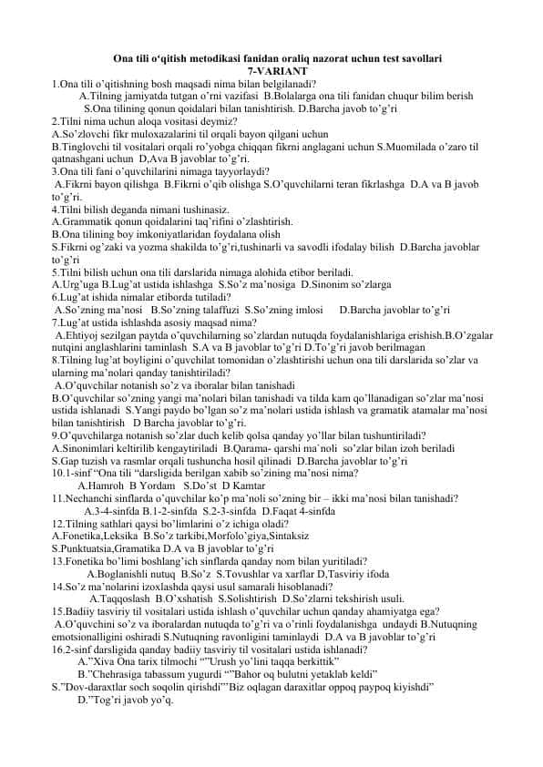 Ona tili oʻqitish metodikasi fanidan oraliq nazorat uchun test savollari