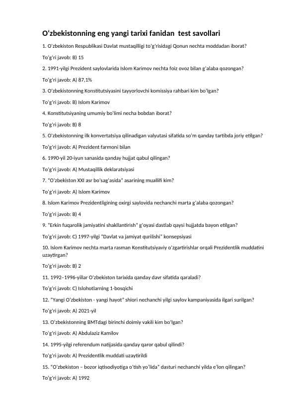 O'zbekistoning eng yangi tarixi fanidan 150 tali test