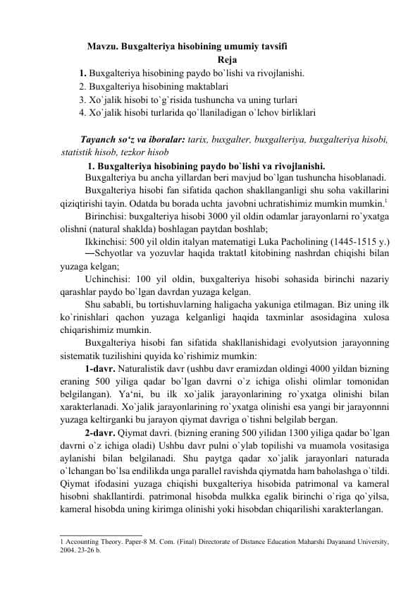 Buxgalteriya hisobining umumiy tavsifi