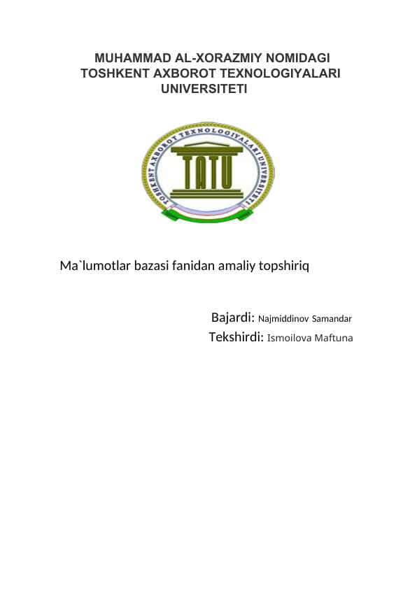 Ma'lumotlar bazasi SQL operatorlarining qoʻllanishi