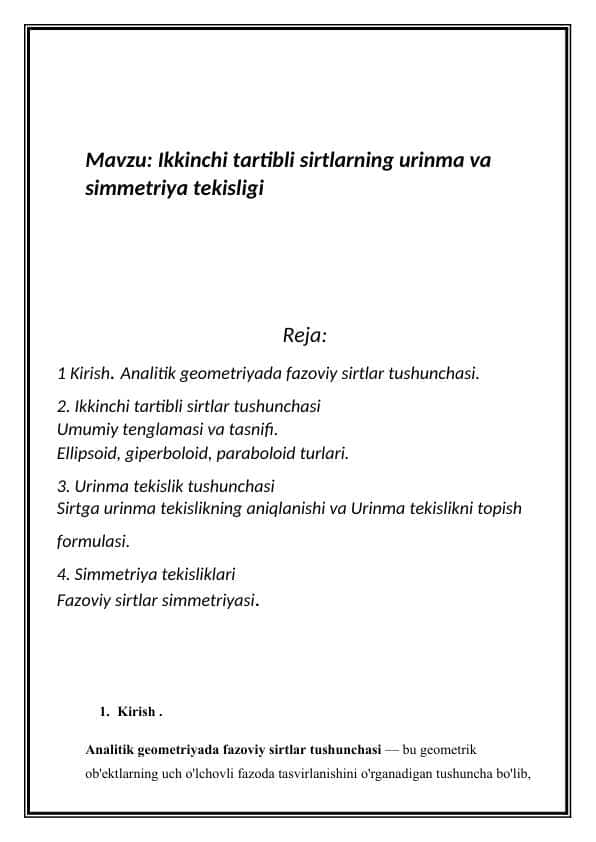 Ikkinchi tartibli sirtlarning urinma va simmetriya tekisligi