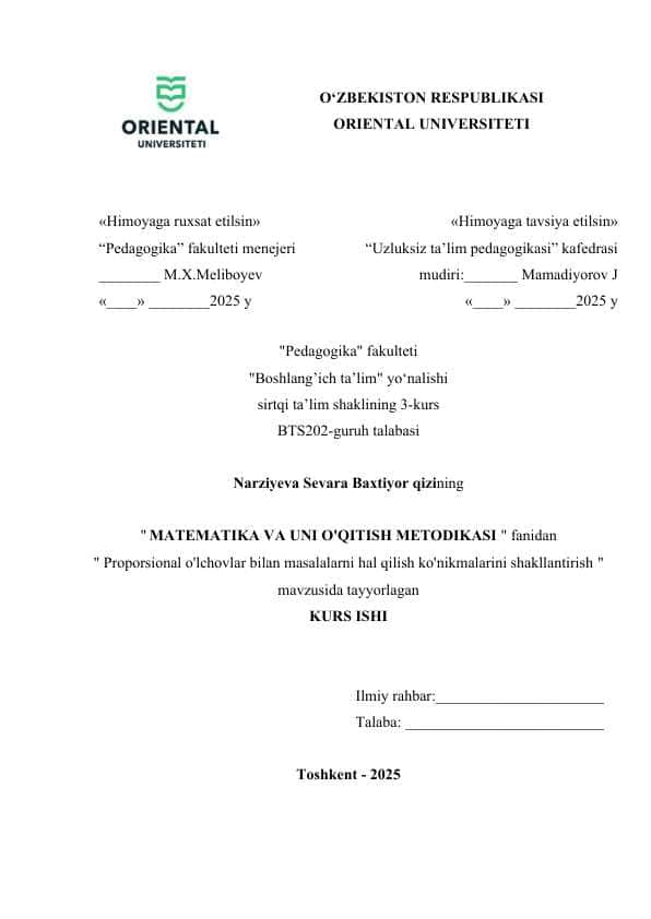 Proporsional o'lchovlar bilan masalalarni hal qilish ko'nikmalarini shakllantirish.