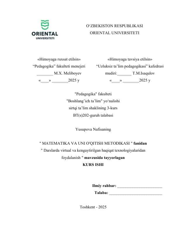Darslarda virtual va kengaytirilgan haqiqat texnologiyalaridan foydalanish