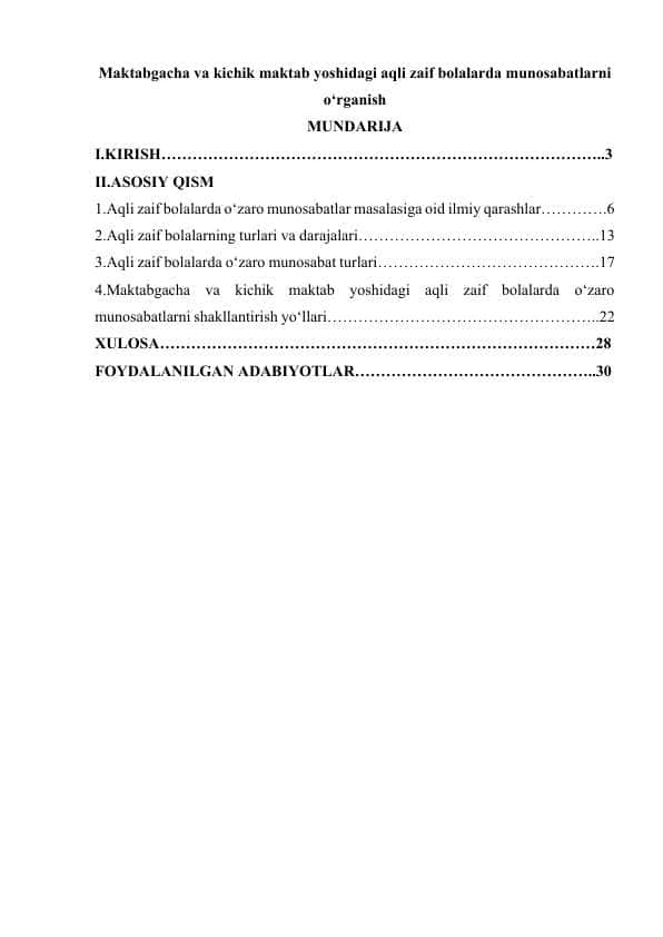 Maktabgacha va kichik maktab yoshidagi aqli zaif bolalarda munosabatlarni o‘rganish