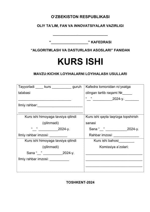 KICHIK LOYIHALARNI LOYIHALASH USULLARI
