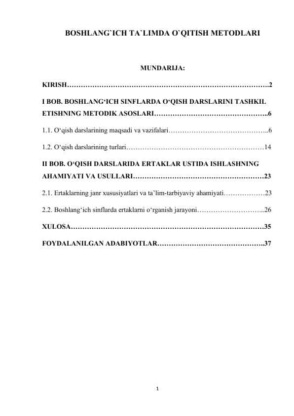 BOSHLANG`ICH TA`LIMDA O`QITISH METODLARI