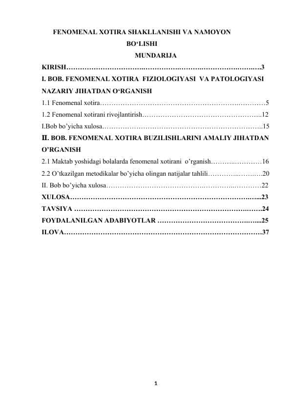 FENOMENAL XOTIRA SHAKLLANISHI VA NAMOYON BO‘LISHI