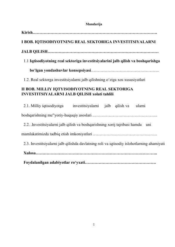 Iqtisodiyotning real sektoriga investitsiyalar jalb etish yo‘llari | Kurs ishi