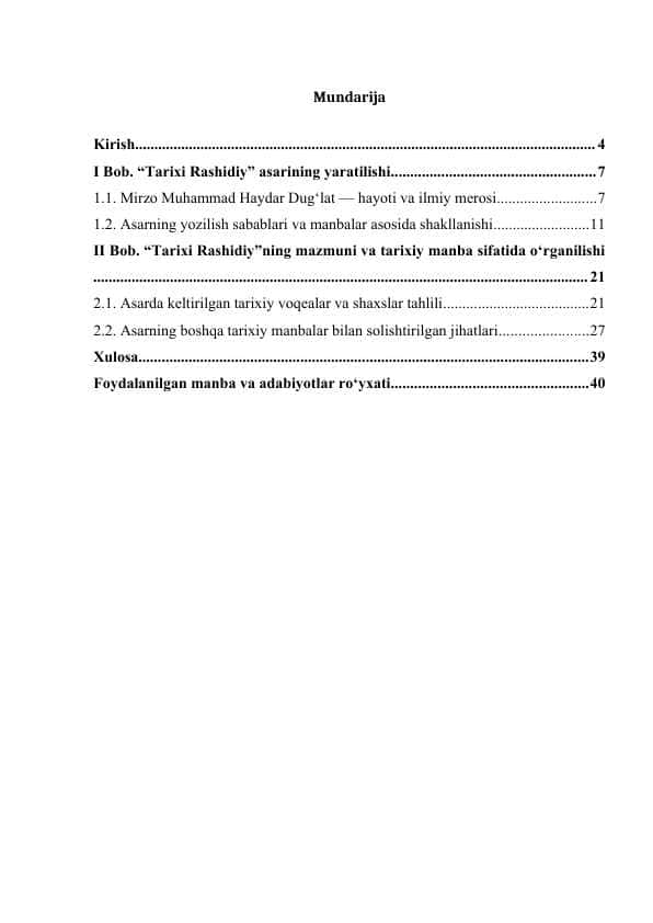 Tarixi Rashidiy” tarixiy manba sifatida kurs ishi