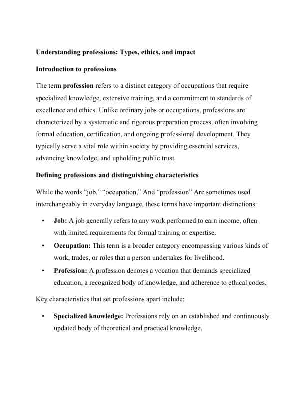 Understanding professions. Types, ethics, and impact