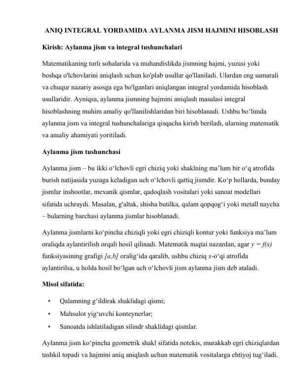 Aniq integral yordamida aylanma jism hajmini hisoblash