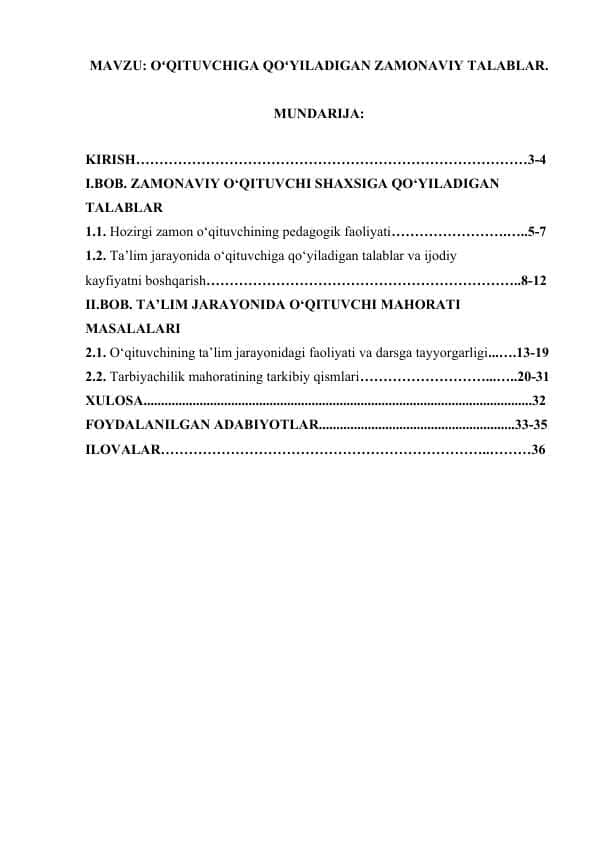 OʻQITUVCHIGA QOʻYILADIGAN ZAMONAVIY TALABLAR..docx