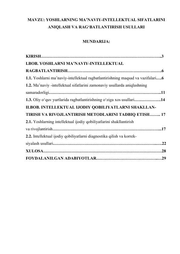 YOSHLARNING MA’NAVIY-INTELLEKTUAL SIFATLARINI ANIQLASH VA RAG‘BATLANTIRISH USULLARI.docx