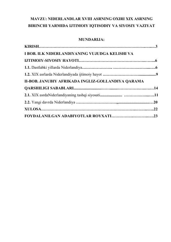 NIDERLANDLAR XVIII ASRNING OXIRI XIX ASRNING BIRINCHI YARMIDA IJTIMOIY IQTISODIY VA SIYOSIY VAZIYAT.docx