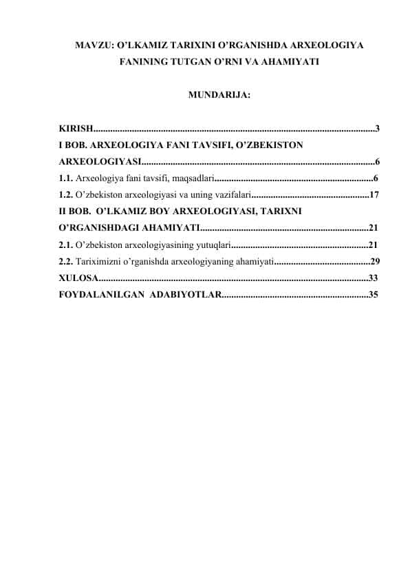O’LKAMIZ TARIXINI O’RGANISHDA ARXEOLOGIYA FANINING TUTGAN O’RNI VA AHAMIYATI.docx