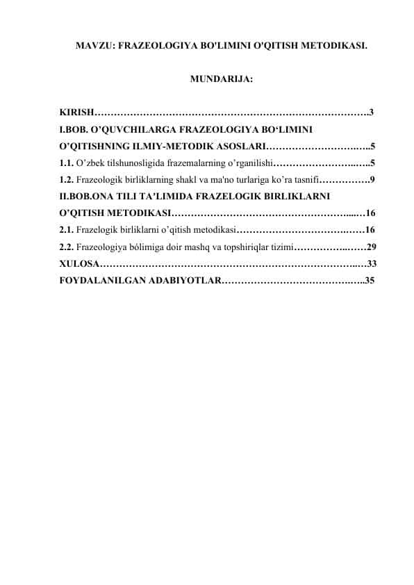 FRAZEOLOGIYA BO'LIMINI O'QITISH METODIKASI..docx