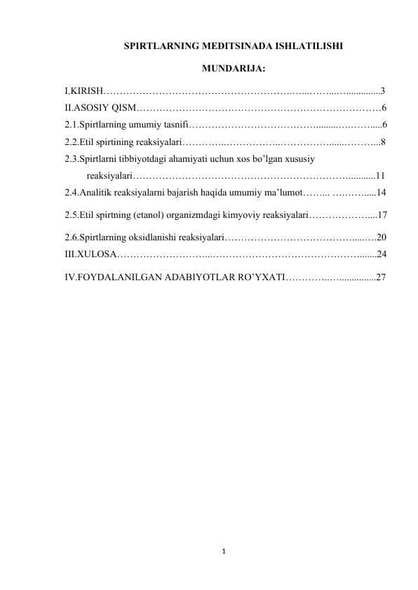 SPIRTLARNING MEDITSINADA ISHLATILISHI
