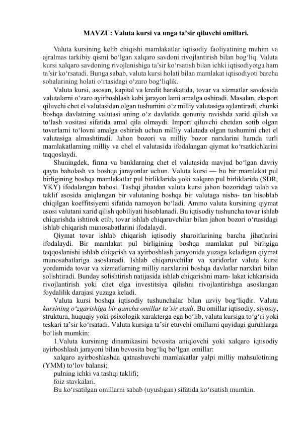 Valuta kursi va unga ta’sir qiluvchi omillari