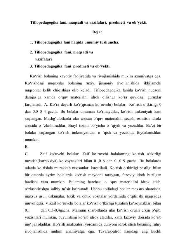 Tiflopedagogika fani, maqsadi va vazifalari, predmeti va ob’yekti