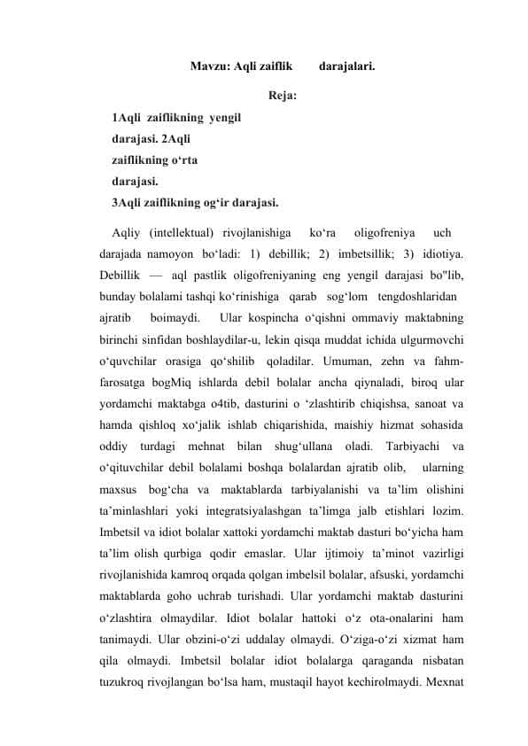 Aqli zaiflik darajalari