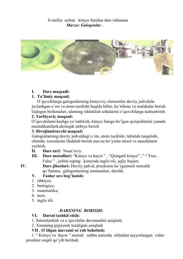8-sinflar uchun kimyo fanidan dars ishlanma Gallagenlar