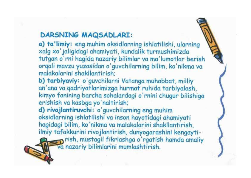 KIMYO FANIDAN Eng muhim oksidlarning ishlatilishi DARS_ISHLANMA