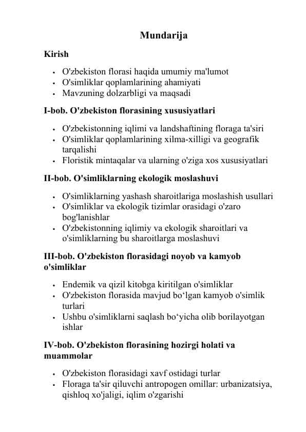 O’zbekiston florasidagi o’simliklar qoplami va uning o’ziga xosligi (kurs ishi)
