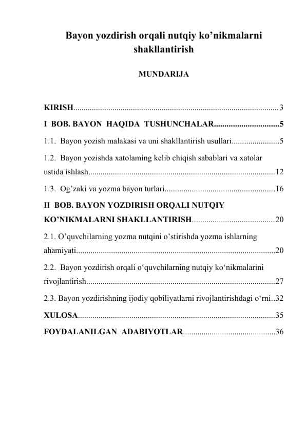 KURS ISHI: Bayon yozdirish orqali nutqiy ko’nikmalarni shakllantirish