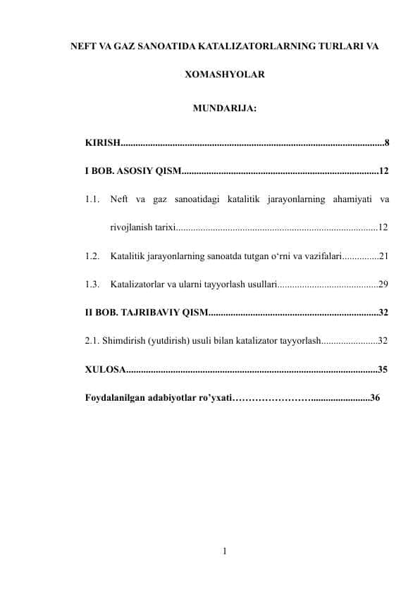 NEFT VA GAZ SANOATIDA KATALIZATORLARNING TURLARI VA XOMASHYOLAR