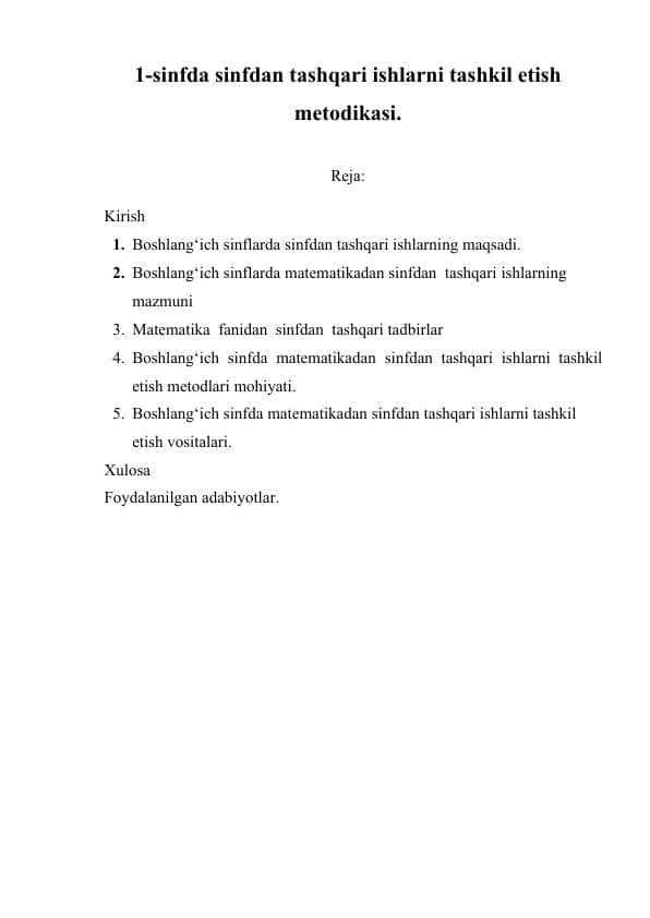 1-sinfda sinfdan tashqari ishlarni tashkil etish