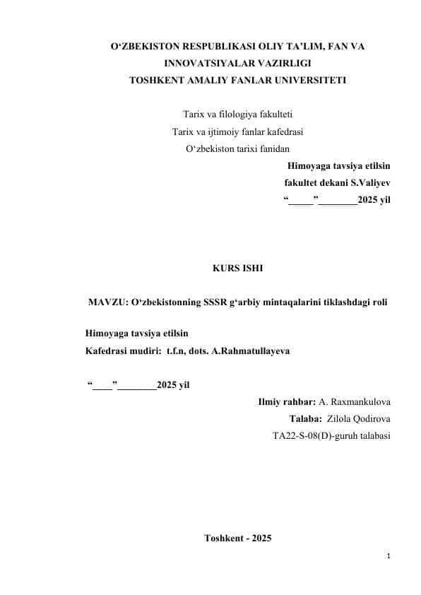O‘zbekistonning SSSR g‘arbiy mintaqalarini tiklashdagi roli