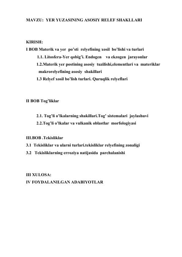 Yer yuzasining asosiy relef shakllari