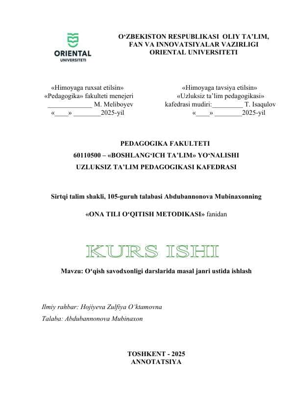 Oʻqish savodxonligi darslarida masal janri ustida ishlash