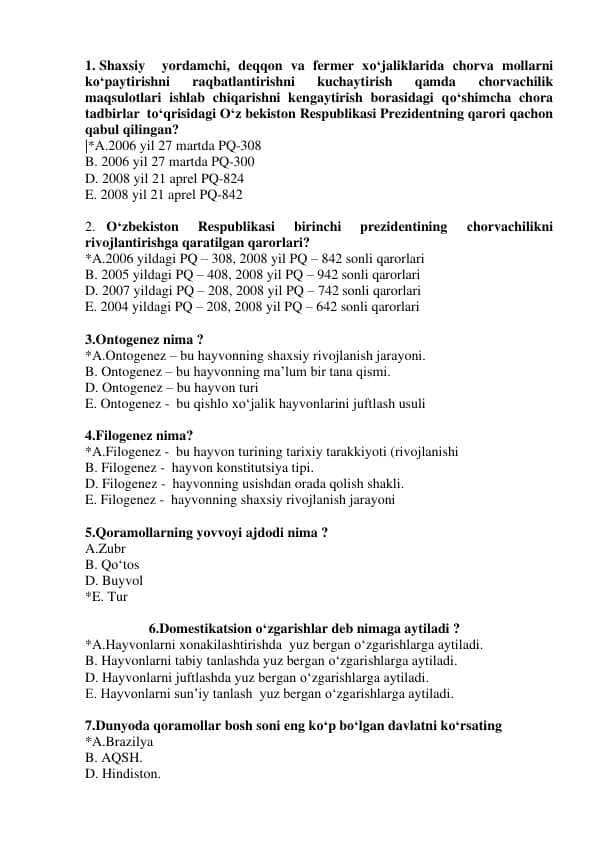 chorvachilik yakuniy savollari 500 ta
