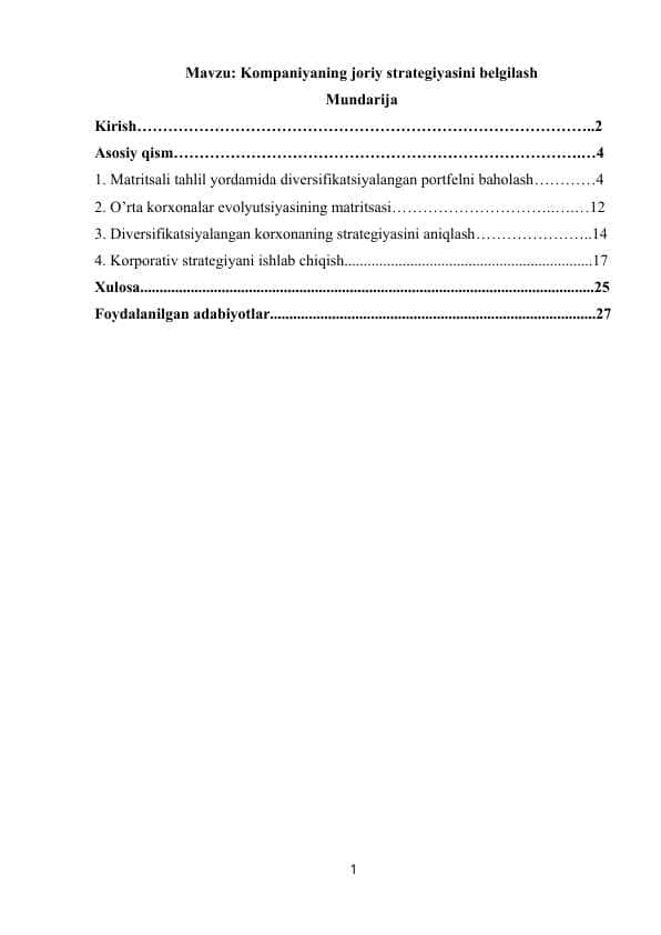 Kompaniyaning joriy strategiyasini belgilash