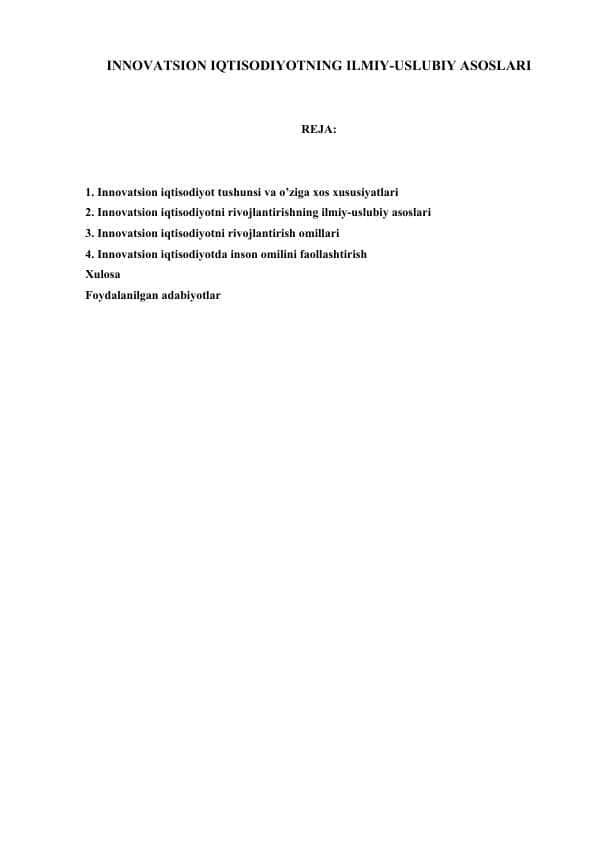 INNOVATSION IQTISODIYOTNING ILMIY-USLUBIY ASOSLARI