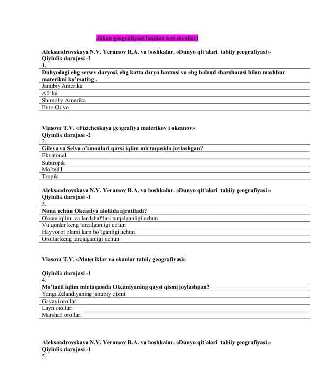 Jahon geografiyasi fanidan test savollari