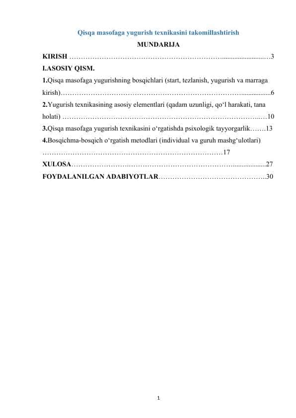 Qisqa masofaga yugurish texnikasini takomillashtirish