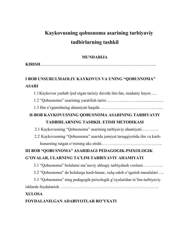 Kaykovusning qobusnoma asarining tarbiyaviy tadbirlarning tashkil