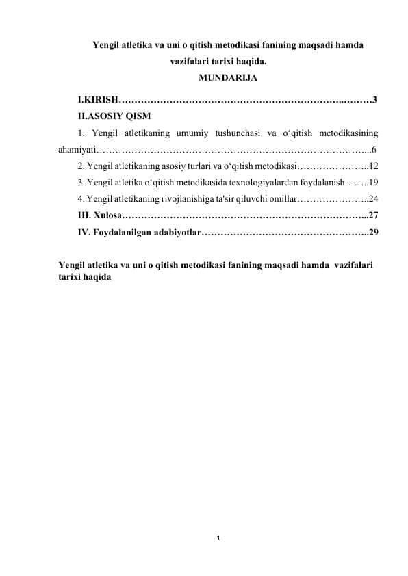 Yengil atletika va uni o qitish metodikasi fanining maqsadi hamda vazifalari tarixi haqida.