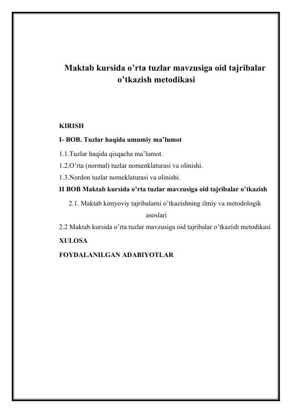 Maktab kursida o’rta tuzlar mavzusiga oid tajribalar o’tkazish metodikasi