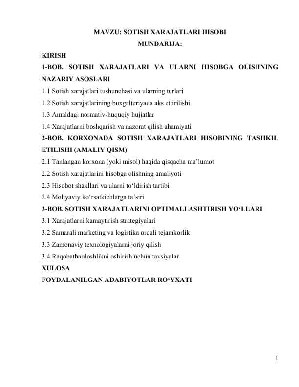 SOTISH XARAJATLARI HISOBI