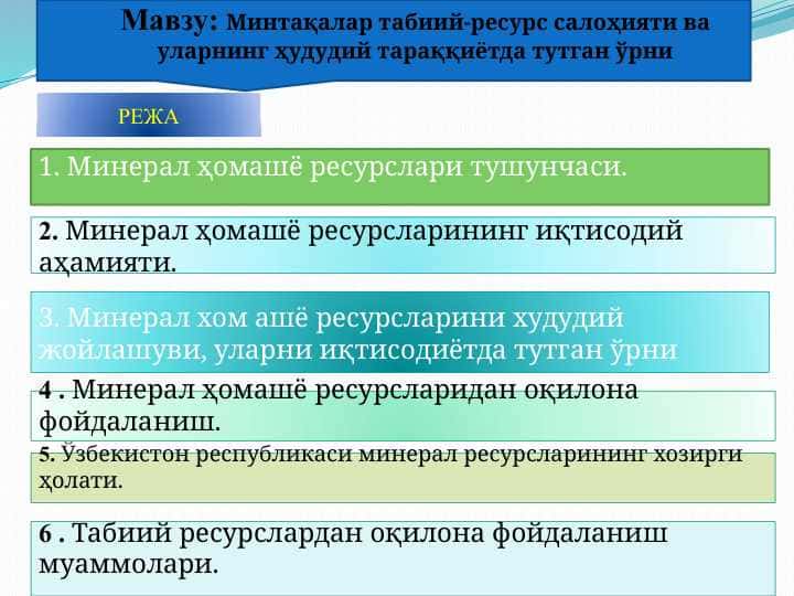 Минтақалар табиий-ресурс салоҳияти ва уларнинг ҳудудий тараққиётда тутган ўрни
